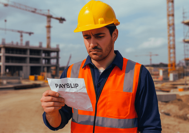 Construction worker reading payslip